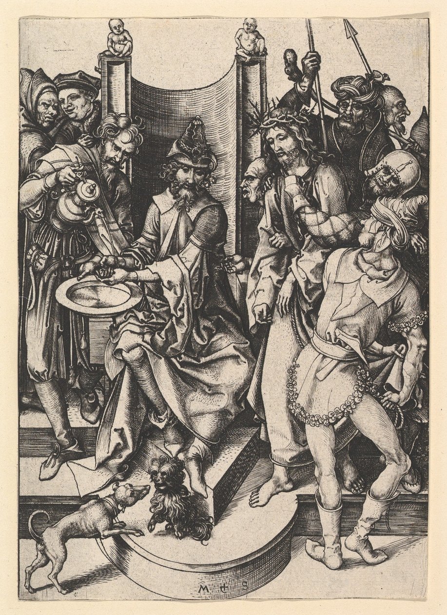 Piłat myjący ręce, ok. godz. 1435-1491. autorstwa Martin Schongauer