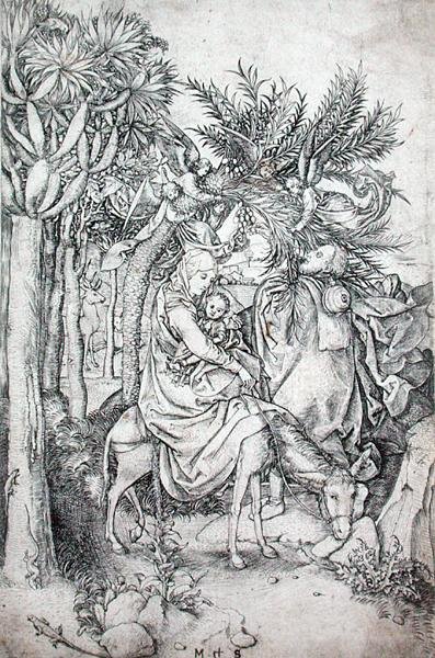 Ucieczka do Egiptu, c.1470-80 (grawerowanie) autorstwa Martin Schongauer