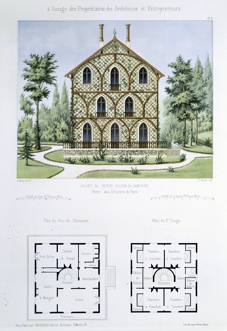 Projekt małej wiejskiej rezydencji pod Paryżem, sztychowana przez Waltera, tablica 9 z „Architecture Pittoresque et Moderne” autorstwa Marty