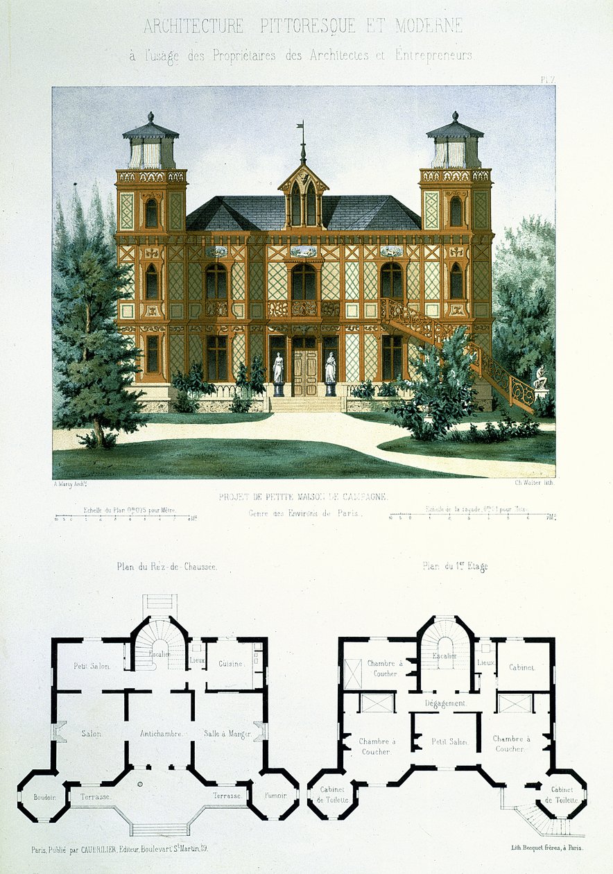 Projekt małego wiejskiego domu pod Paryżem, wyryty przez Waltera, tablica 7 z "Architecture Pittoresque et Moderne". autorstwa Marty