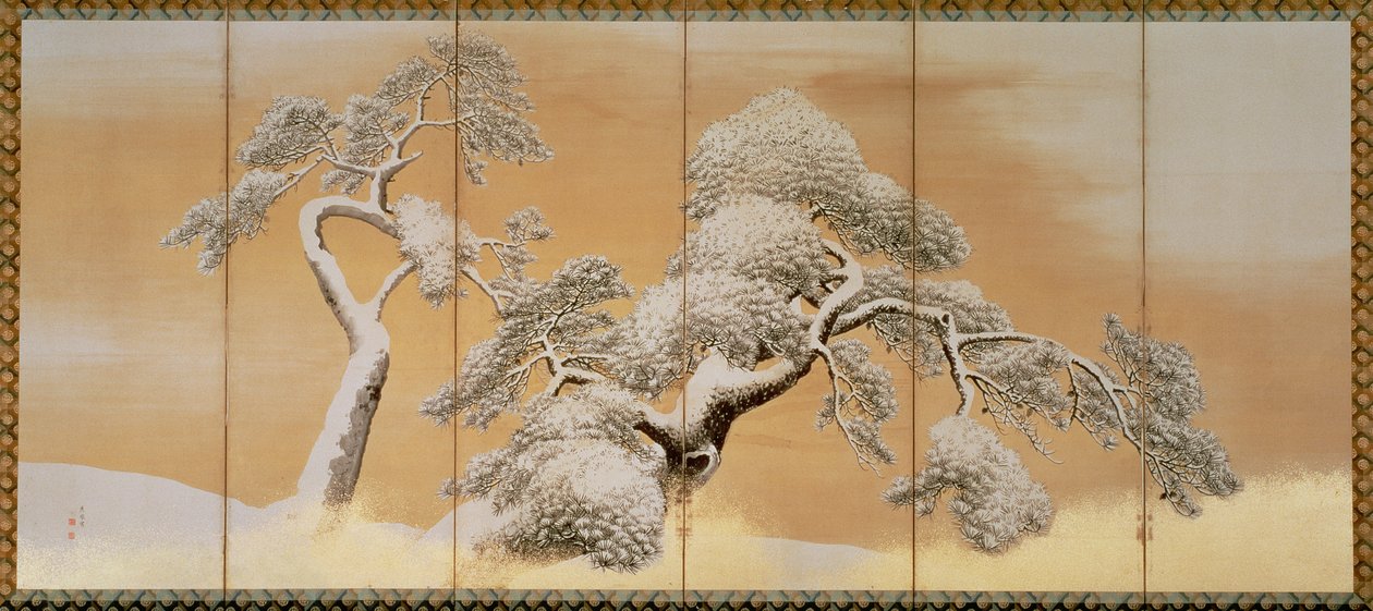 Sosny pod śniegiem (pióro i atrament, kolor, złoty papier na panelu) (patrz 216567) autorstwa Maruyama Okyo
