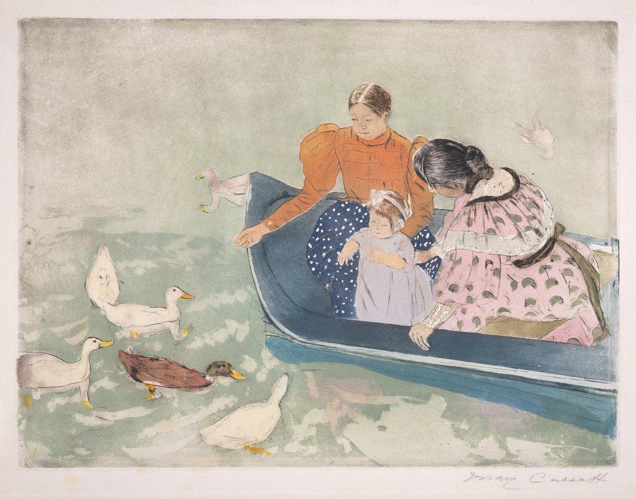 Karmienie kaczek, 1895 (sucha igła i akwatinta na papierze) autorstwa Mary Cassatt