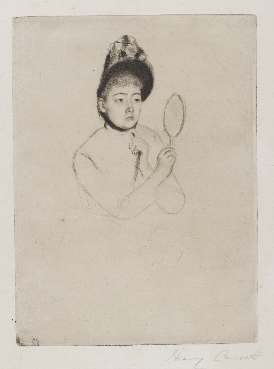 Femme au Mirror (The Bonnet), ok.1891 (sucha igła na kremowym papierze czerpanym) autorstwa Mary Cassatt