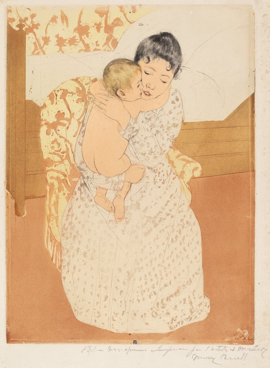 Matczyna pieszczota, 1890-1 (kolor sucha igła i akwatinta na kremowym papierze) autorstwa Mary Cassatt
