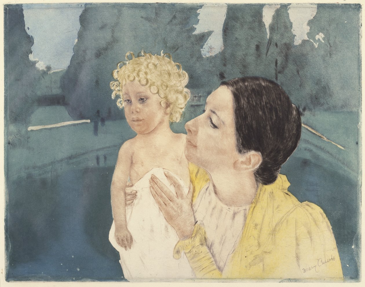 Matka z dzieckiem przed basenem, 1898 (suchy punkt i akwatinta na papierze kładzionym) autorstwa Mary Cassatt