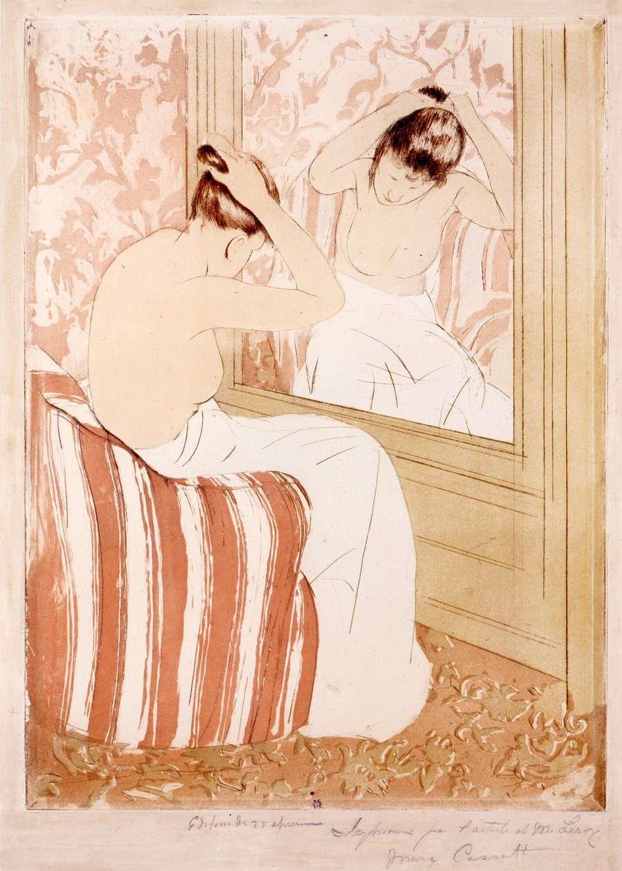 Coiffure (atrament i węgiel na papierze) autorstwa Mary Cassatt