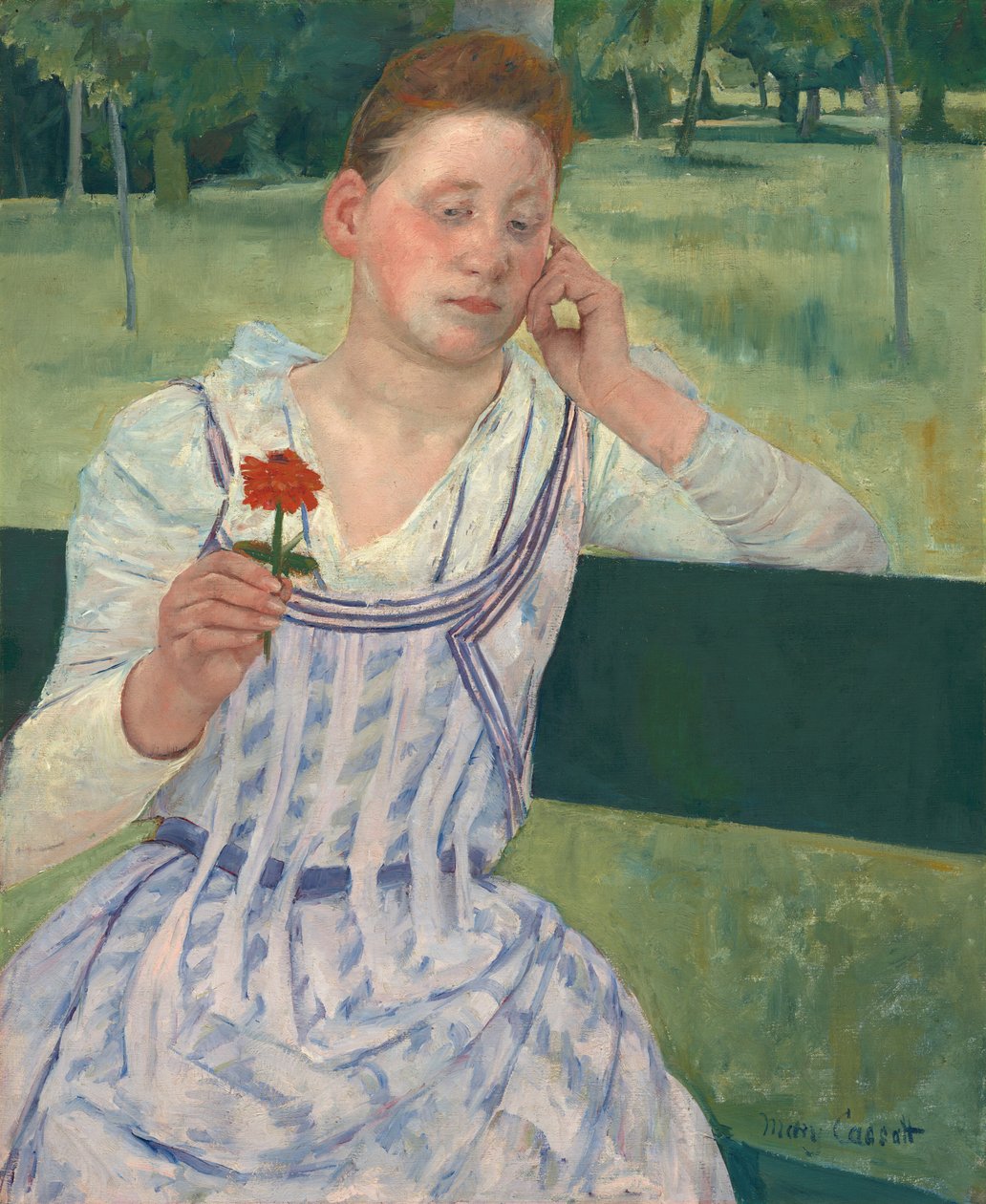 Kobieta z czerwoną cynią, 1891. autorstwa Mary Cassatt