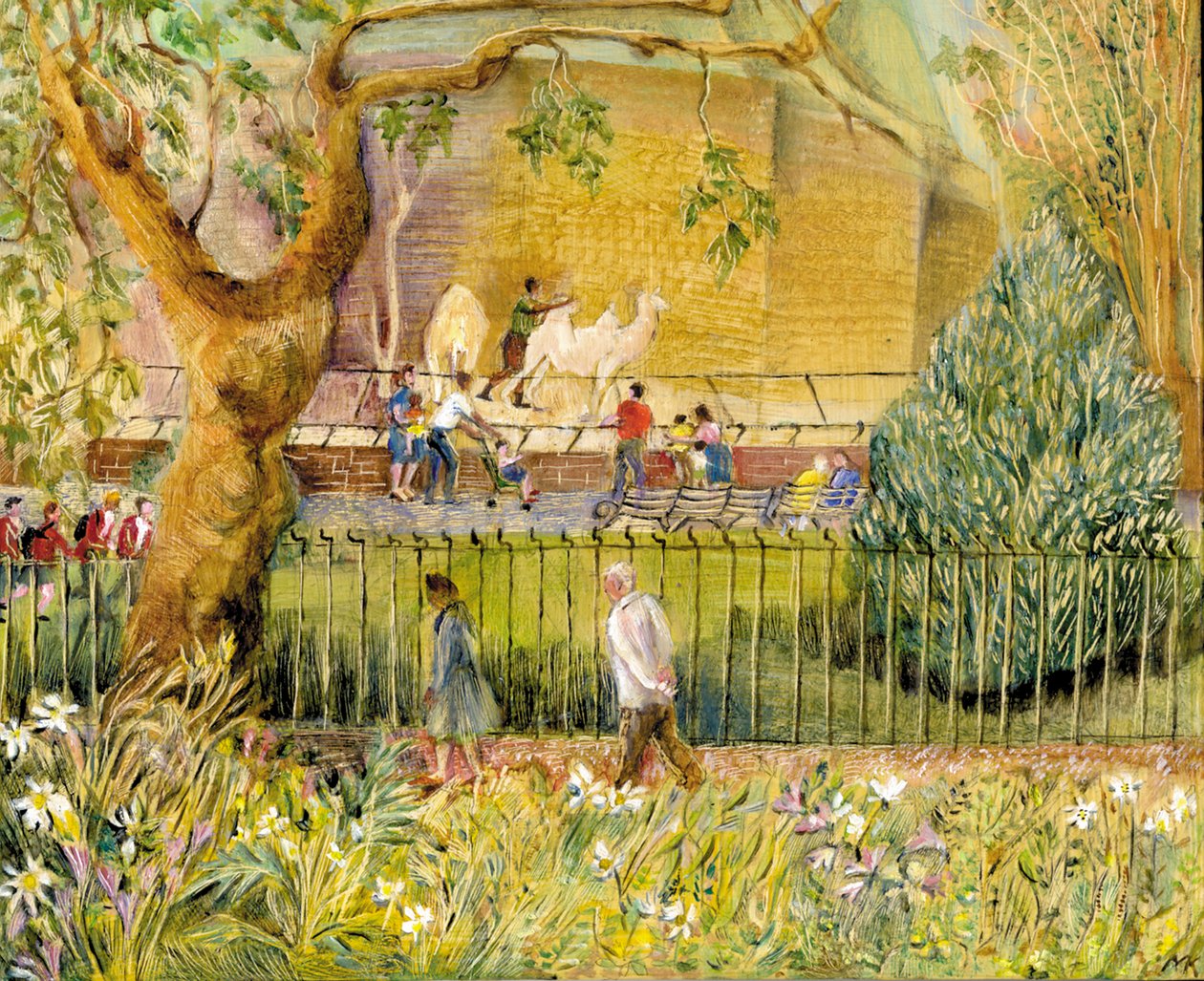 Londyńskie zoo, Wielbłądy, 2003 (olej na desce) autorstwa Mary Kuper