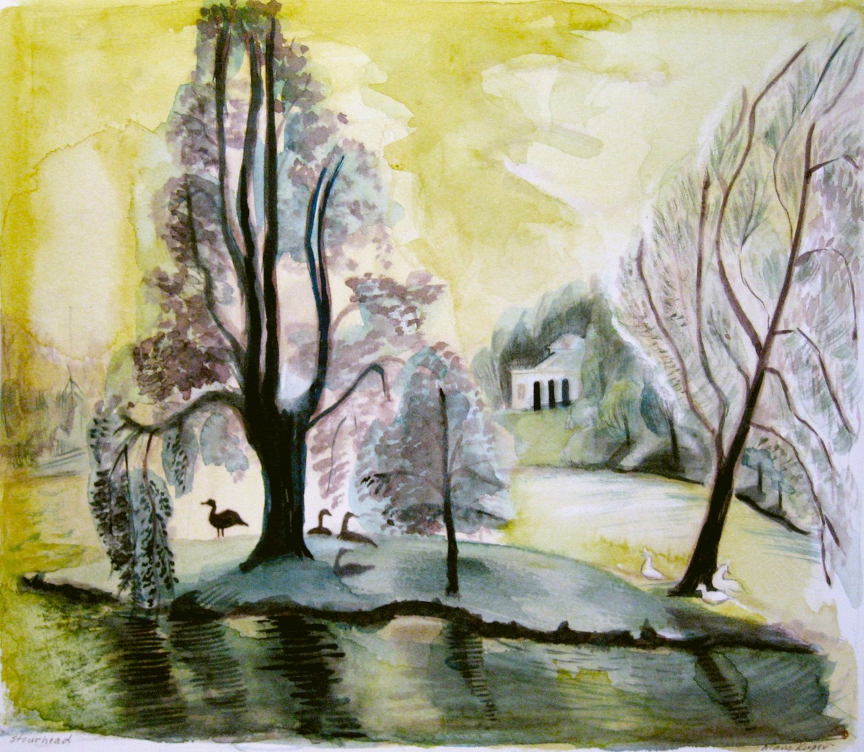 Stourhead, wieczorne jezioro, 2006 (akwarela) autorstwa Mary Kuper