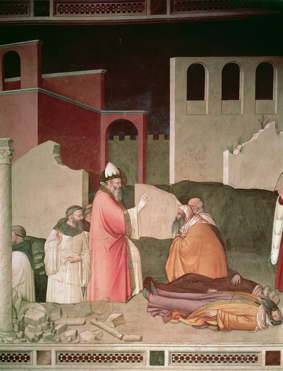 Św. Sylwester wskrzeszający dwóch zmarłych Rzymian, fragment kaplicy Bardi, ok. 1340 autorstwa Maso di Banco