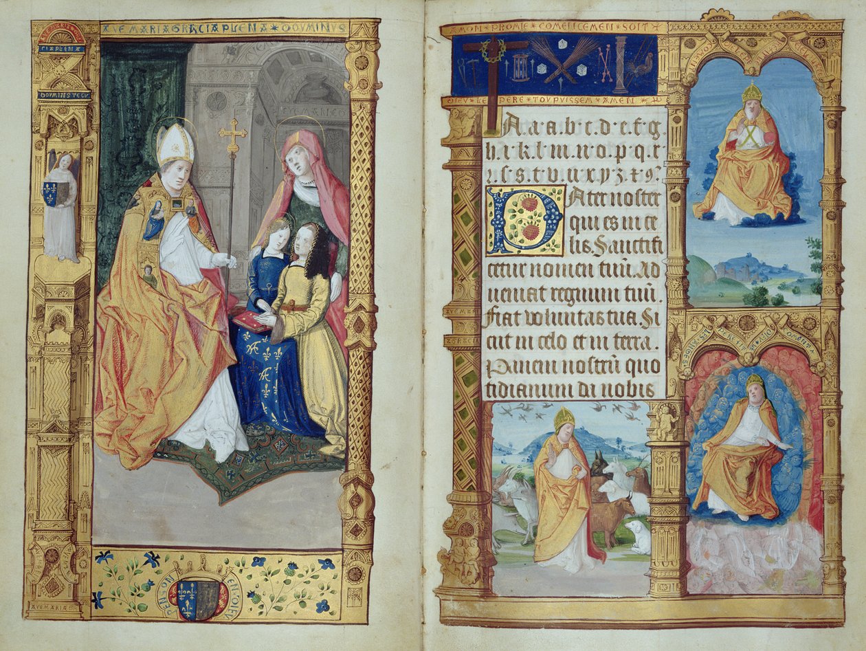 Ms 159, s.1-2 Dziewczyna klęczy przy biurku z Dziewicą i świętymi, z Elementarza, ok. 1500-10 (tusz i złoty tusz na pergaminie) autorstwa Master of Antoine de Roche