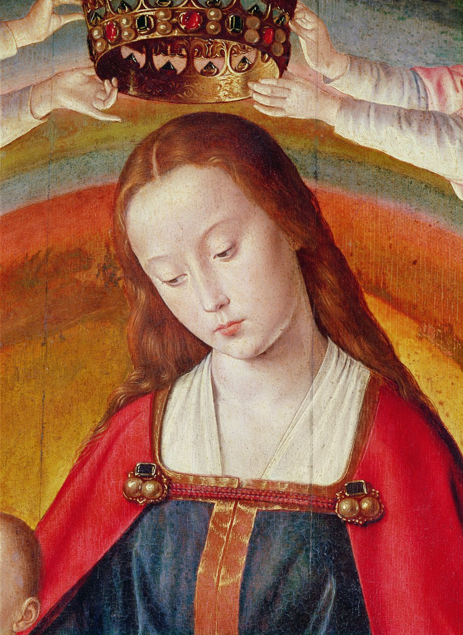 Najświętsza Maryja Panna z Koroną, fragment Koronacji Marii, środkowy panel z Ołtarza Burbonów, ok. 1498 (detal z 57630) autorstwa Master of Moulins