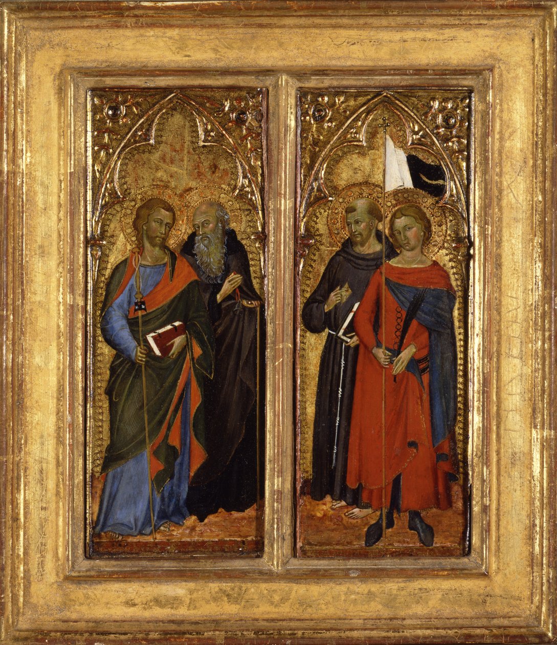 Święci Jakub, Antoni opat, Franciszek i Ansanus, ok. 1385-90 (tempera na panelu) autorstwa Master of Panzano