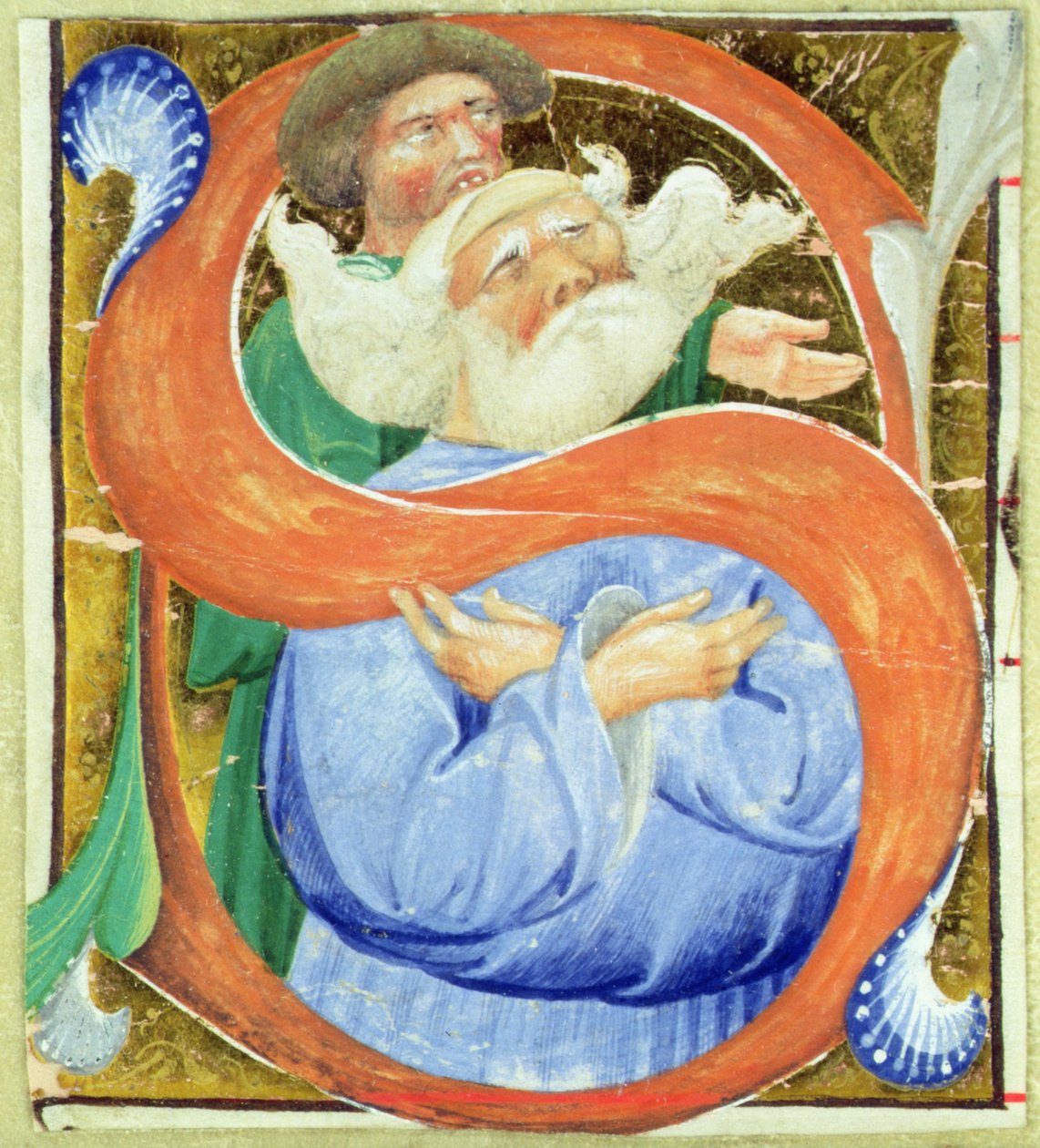 Historyczny inicjał S przedstawiający modlącego się starca autorstwa Master of San Michele of Murano