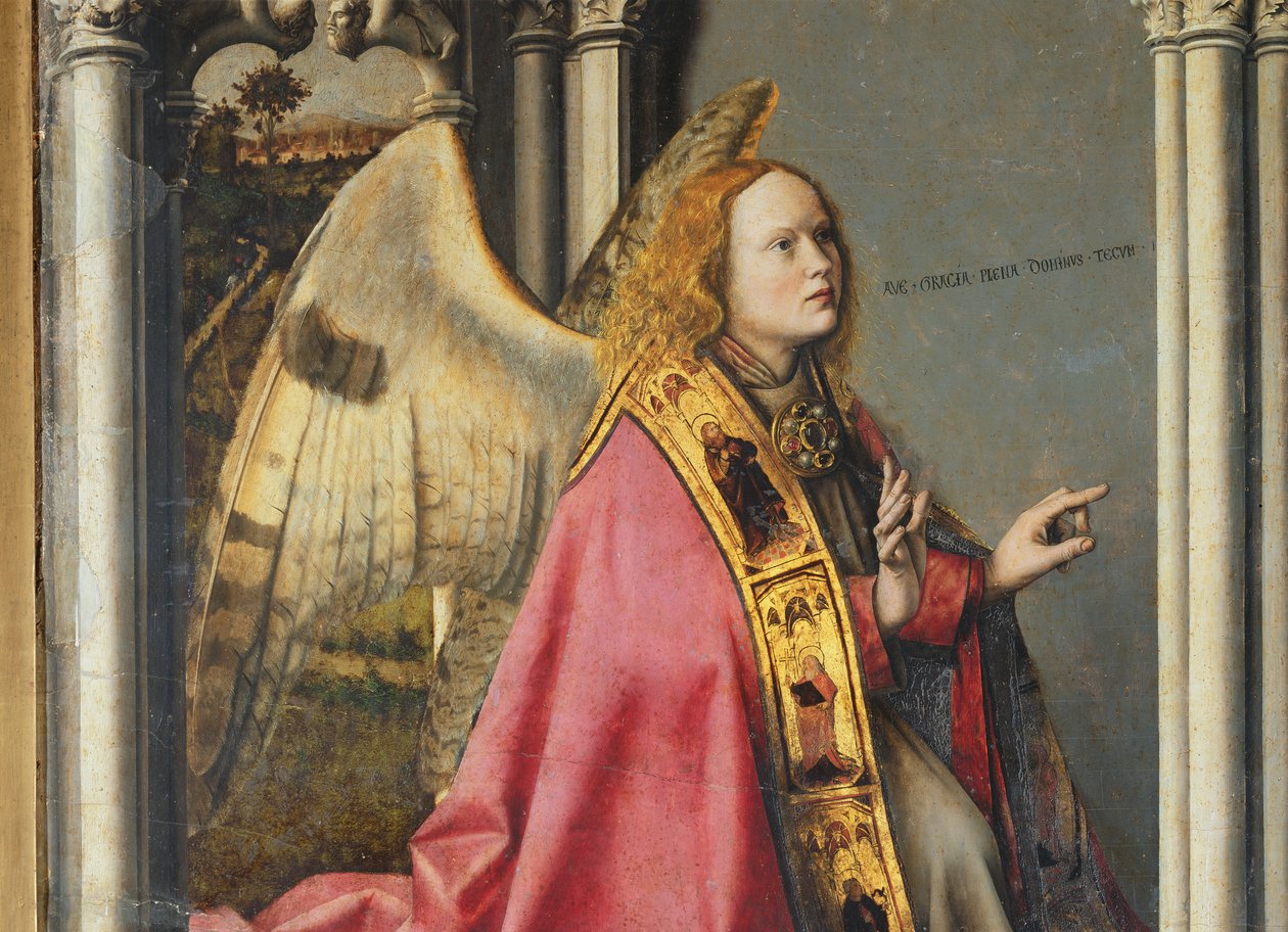 Anioł Gabriel dokonujący Zwiastowania Najświętszej Maryi Pannie, ok. 1445 (szczegół z 26541) autorstwa Master of the Aix Annunciation