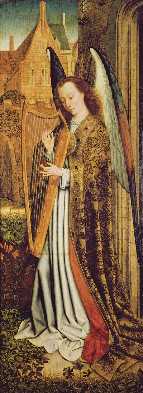 Dziewica z Dzieciątkiem z Aniołami, panel po prawej stronie przedstawiający anioła-muzyka autorstwa Master of the Embroidered Foliage