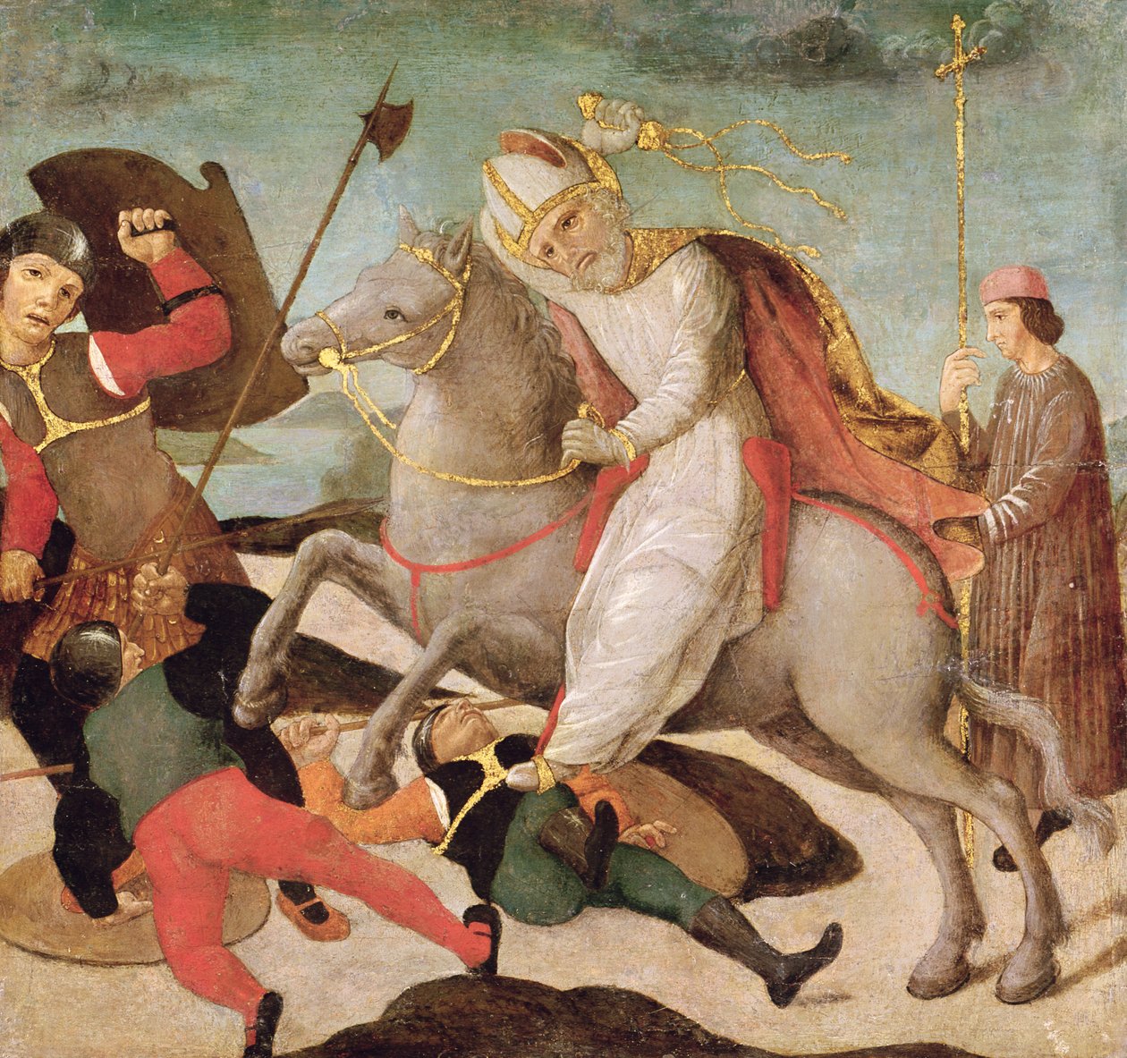 Objawienie św Ambrożego w bitwie pod Mediolanem, c.1495 autorstwa Master of the Pala Sforzesca