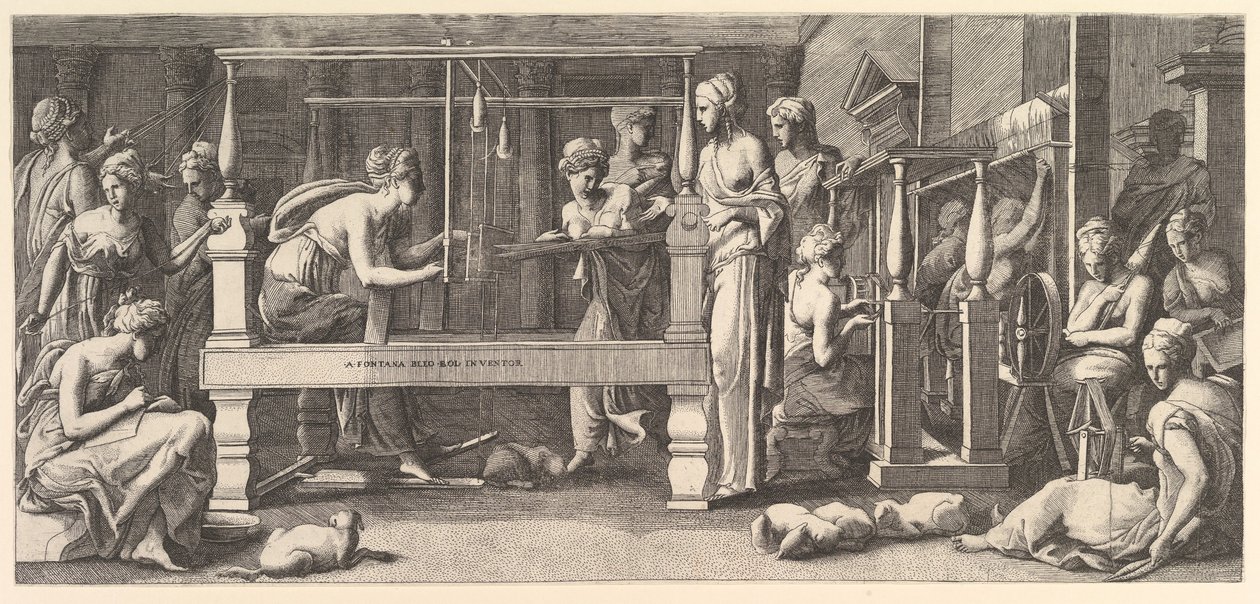 Kobiety przędzalnictwo, tkactwo i szycie, 1540-50. autorstwa Master FG