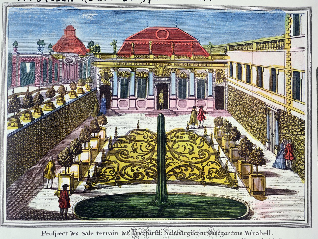 Ogrody w Parku Mirabelkowym, Salzburg, Austria, grafika Karla Remshardta (1678-1735) ok. 1720 (rycina kolorowa) autorstwa Mathias Diesel