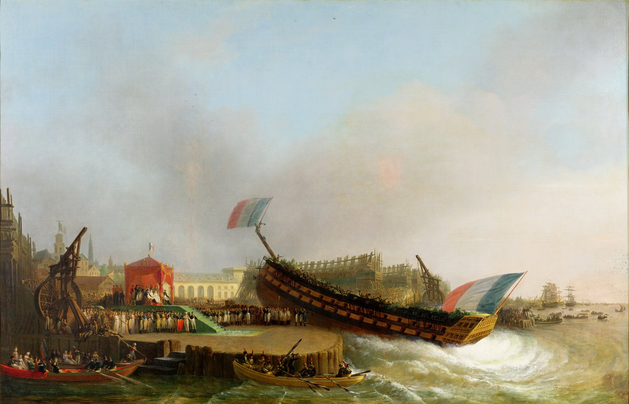 Napoleon (1769-1821) i Maria-Louise (1791-1847) podczas wodowania "The Friedland" w Antwerpii, 2 maja 1810 r. autorstwa Mathieu Ignace van Bree