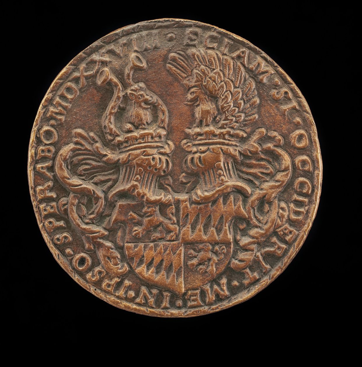 Tarcza z hełmami i herbami [rewers], 1528. autorstwa Matthes Gebel