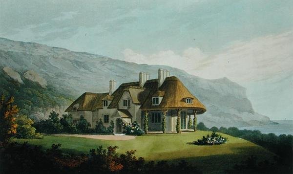 Kryta strzechą nadmorska willa dla James Vine Esq., w Puckaster, Isle of Wight, z Villa Architecture: zbiór widoków wraz z planami budynków zrealizowanych w Anglii i Szkocji, pub Roberta Lugara autorstwa Matthew Dubourg