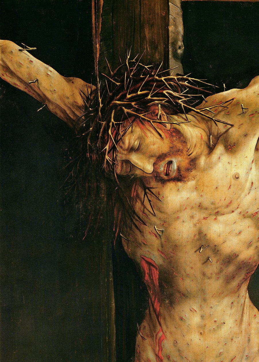 Chrystus na krzyżu, fragment centralnego panelu Ukrzyżowanie ołtarza Isenheim, ok. 1512-15 autorstwa Matthias Grünewald