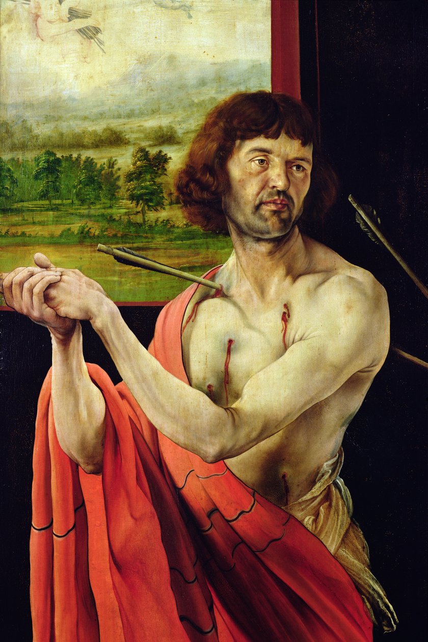 Fragment św. Sebastiena i pejzaż z ołtarza Isenheim, skrzydło wewnętrzne, ok. 1512-16, olej na desce autorstwa Matthias Grünewald