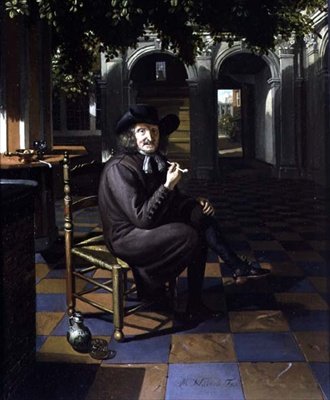 Pan palący na zacienionym dziedzińcu, 1690 autorstwa Matthys Naiveu