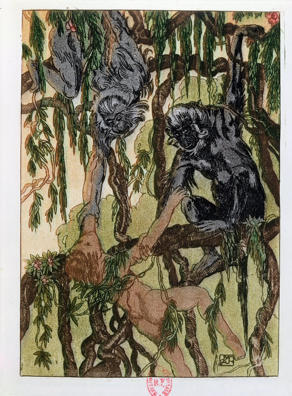 Mowgli i małpy, ilustracja z „Księgi dżungli” Rudyarda Kiplinga (1865-1936) wydanej w Paryżu, 1930 autorstwa Maurice de Becque