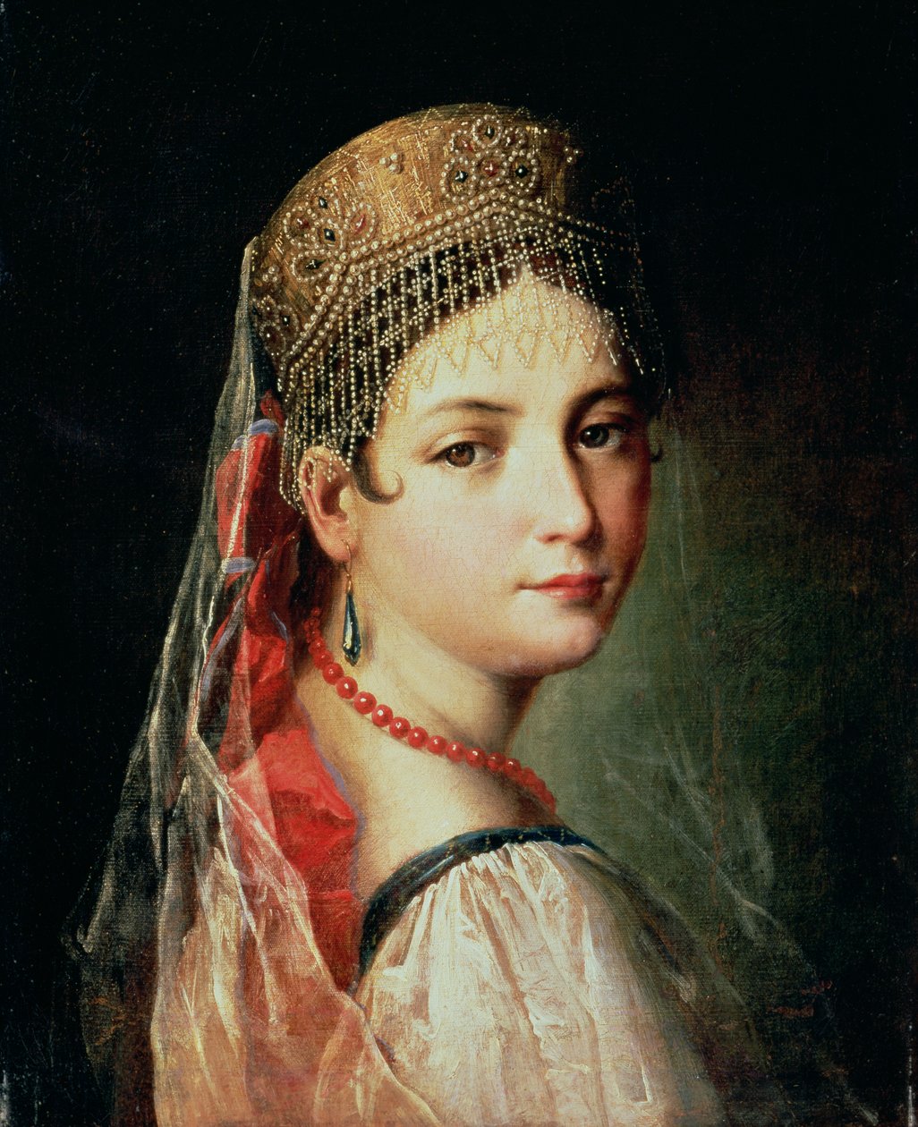 Portret młodej dziewczyny w Sarafanie i Kokoszniku, lata 20. XIX wieku autorstwa Mauro Gandolfi