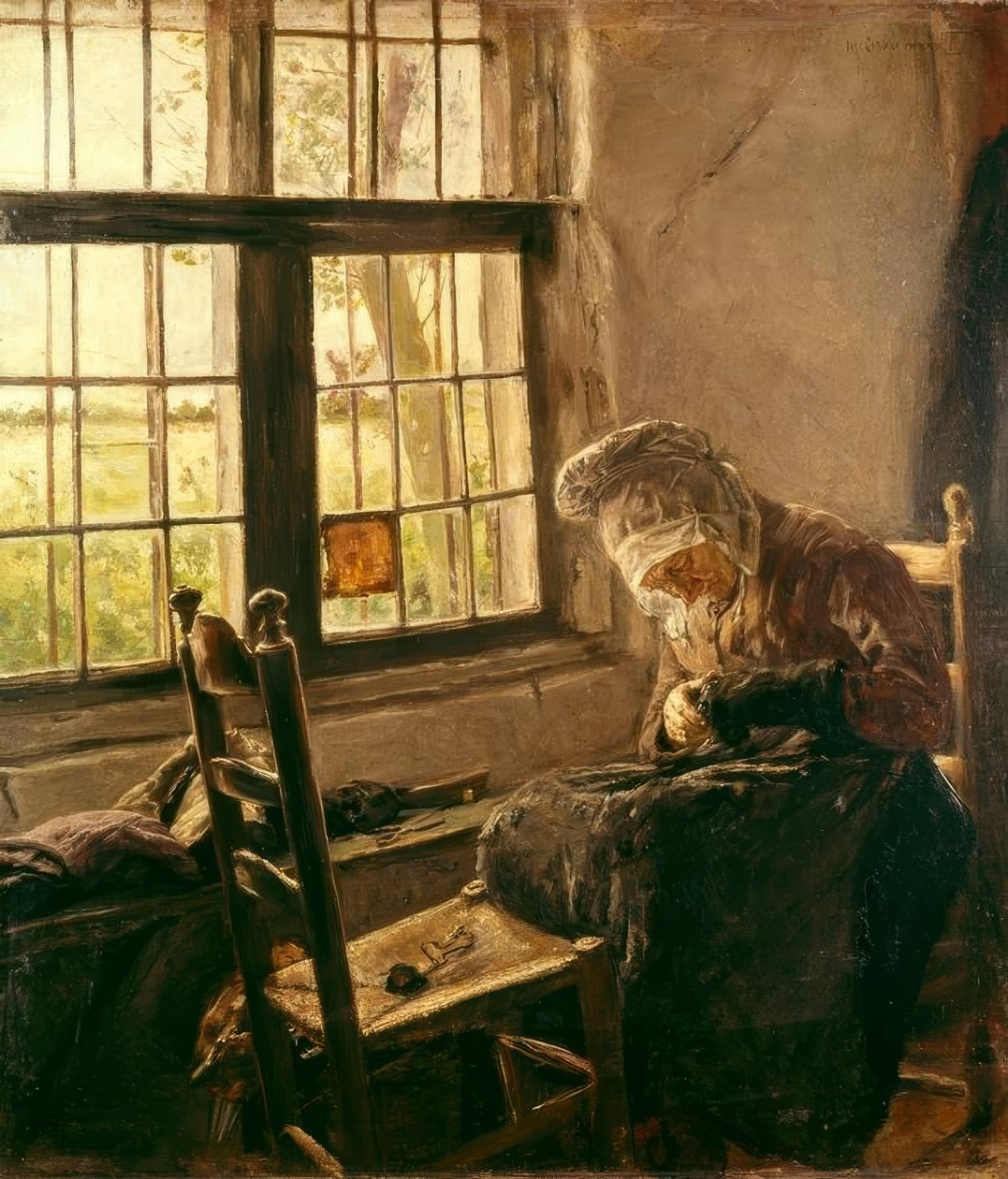 Stara kobieta nadzienia w oknie autorstwa Max Liebermann