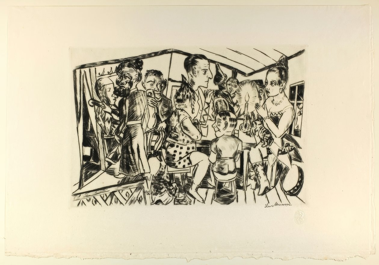 Za kulisami, płyta trzecia z Jahrmarkt autorstwa Max Beckmann