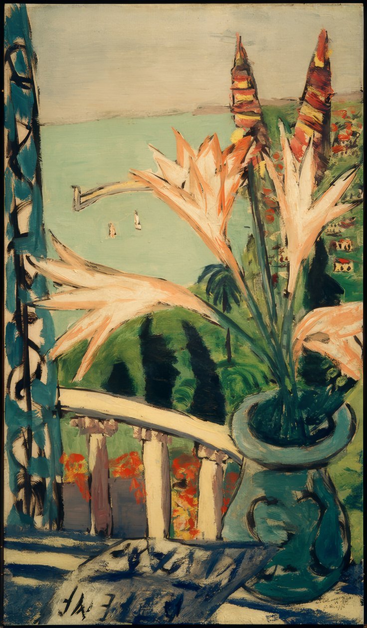 Widok Menton z doniczką z liliami autorstwa Max Beckmann