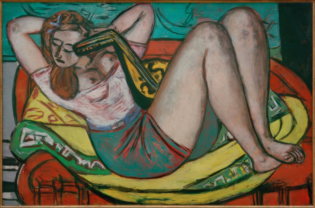 Kobieta z mandoliną w kolorach żółtym i czerwonym autorstwa Max Beckmann