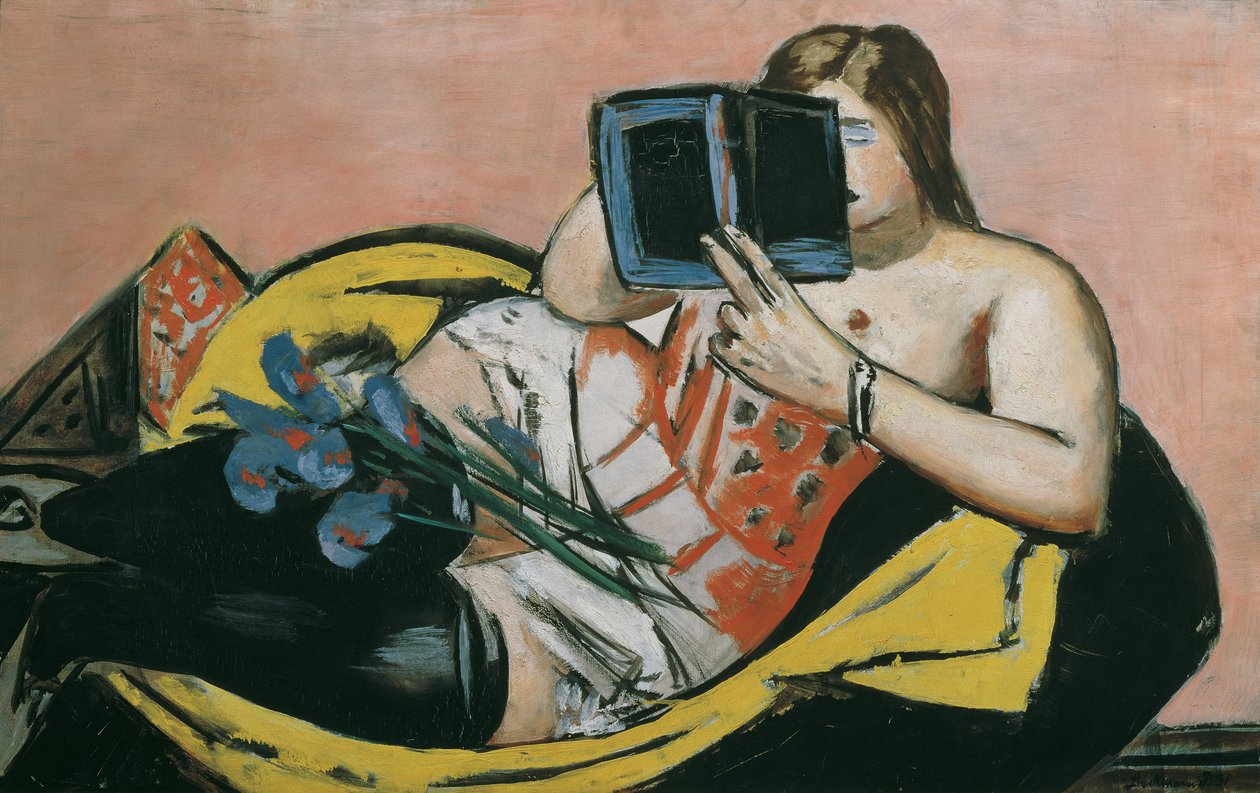 Kobieta leżąca z książką i irysami autorstwa Max Beckmann