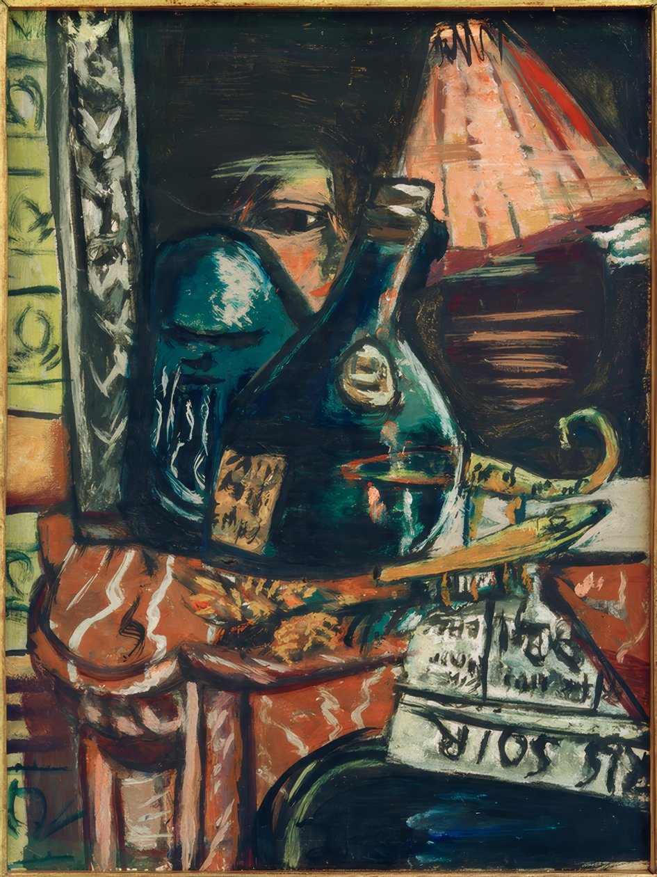 Martwa natura z pochyloną butelką trunku i Buddą autorstwa Max Beckmann