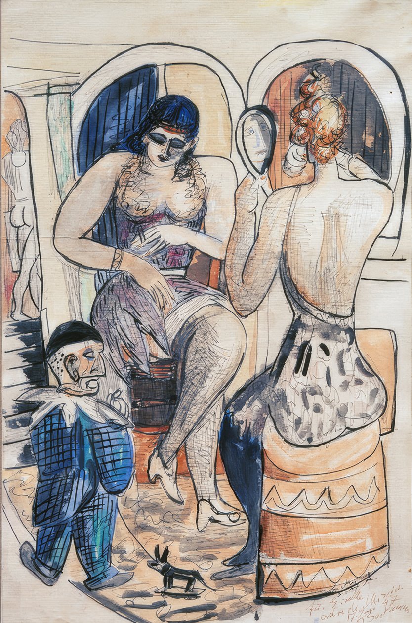 Dwie tancerki (dziewczyna z niebieskim karłem) autorstwa Max Beckmann