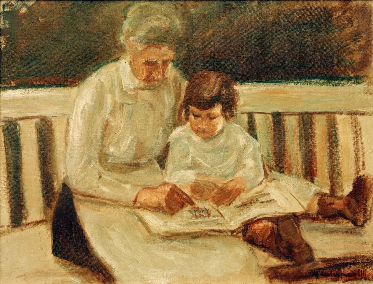 Wnuczka i niania na ławce ogrodowej autorstwa Max Liebermann