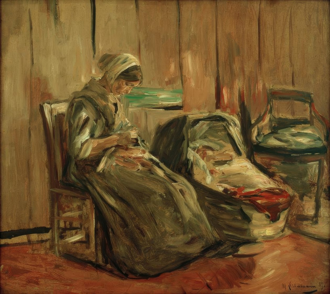 Wnętrze z kobietą szyjącą autorstwa Max Liebermann