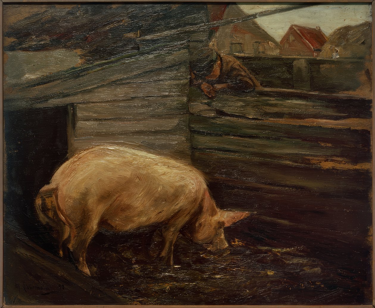 Kojce dla świń z chłopcami z farmy autorstwa Max Liebermann