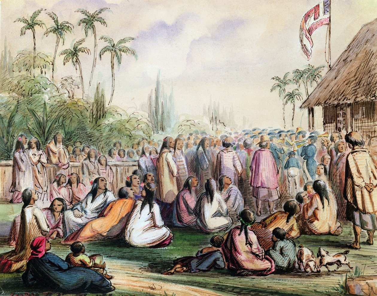 Pawilon Protektoratu Francuskiego na Tahiti w 1842 r., ok. 1842-48 (wc i tusz na papierze) autorstwa Maximilien Radiguet