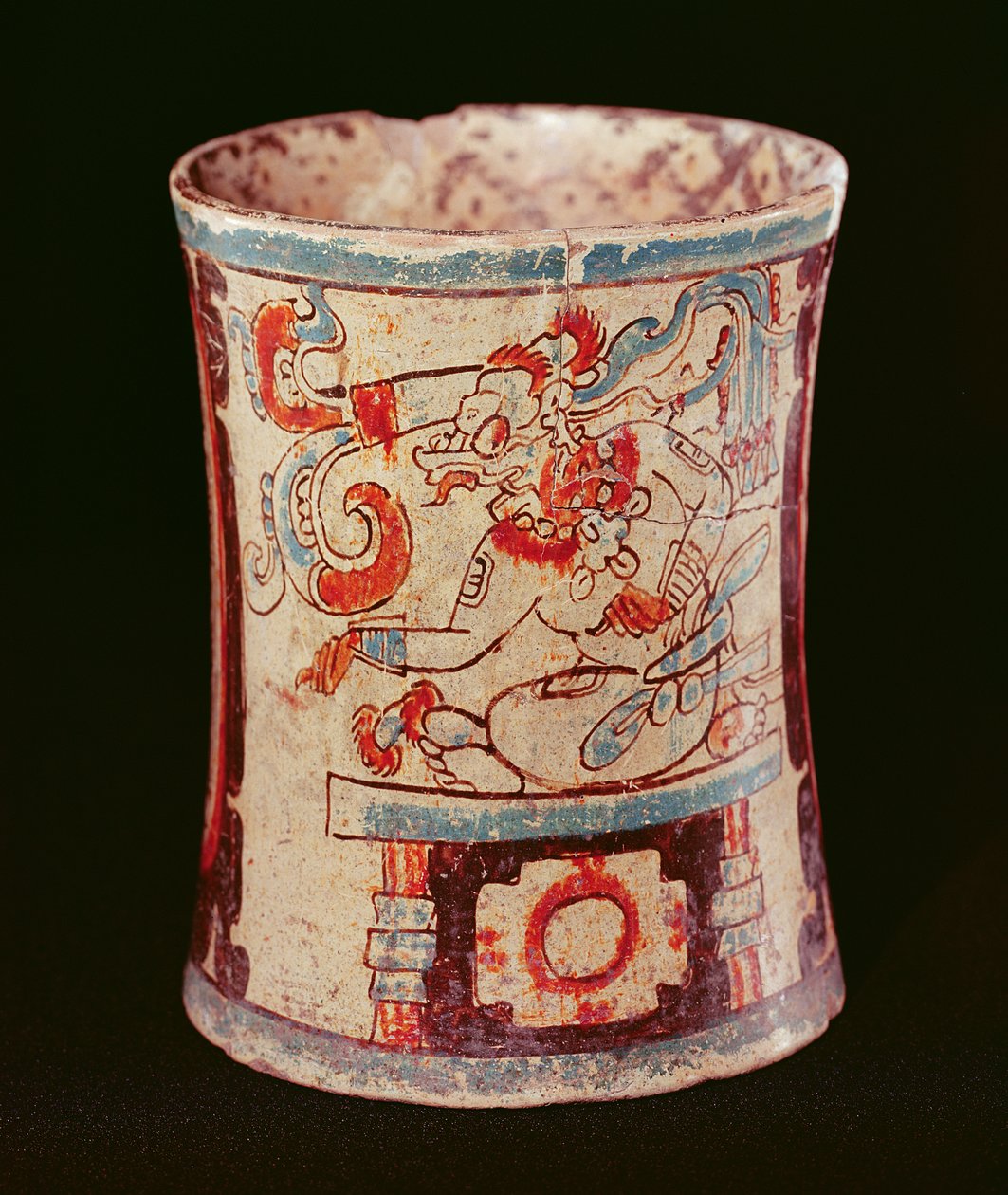 Cylindryczne naczynie przedstawiające bóstwo z lokami mowy (ceramiczne) autorstwa Mayan