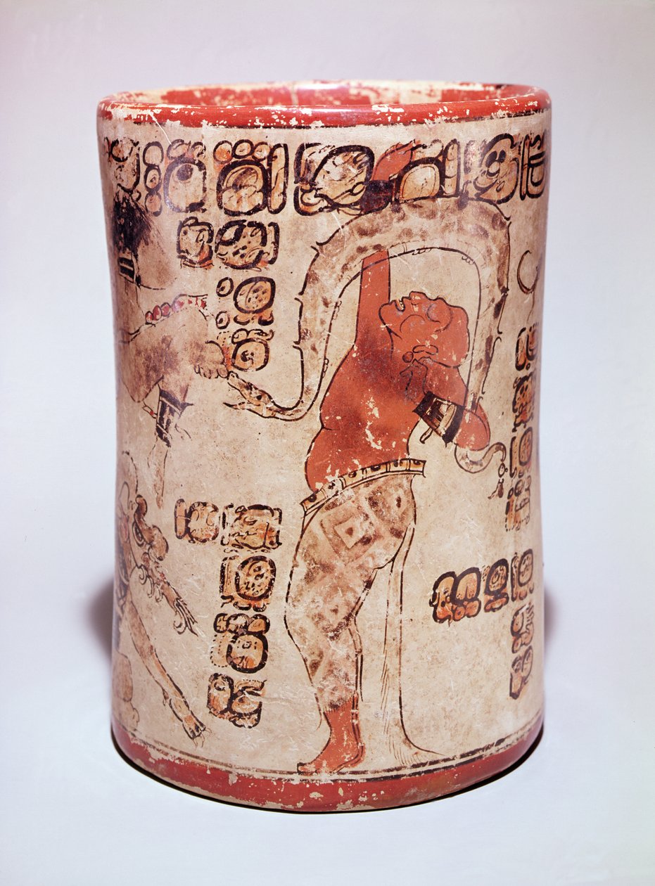 Słój przedstawiający mężczyznę tańczącego z wężem, znaleziony w grobowcu w Altar de Sacrificios, Classic Maya (ceramika) (patrz także 351822) autorstwa Mayan
