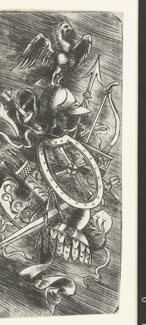 Orzeł na szczycie trofeów za broń, w tym różne rodzaje broni autorstwa Meester van 1515