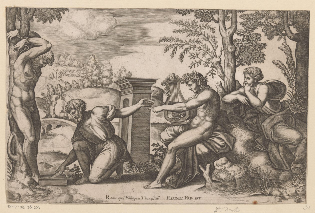Apollo w Marsjasie autorstwa Meester van de Dobbelsteen