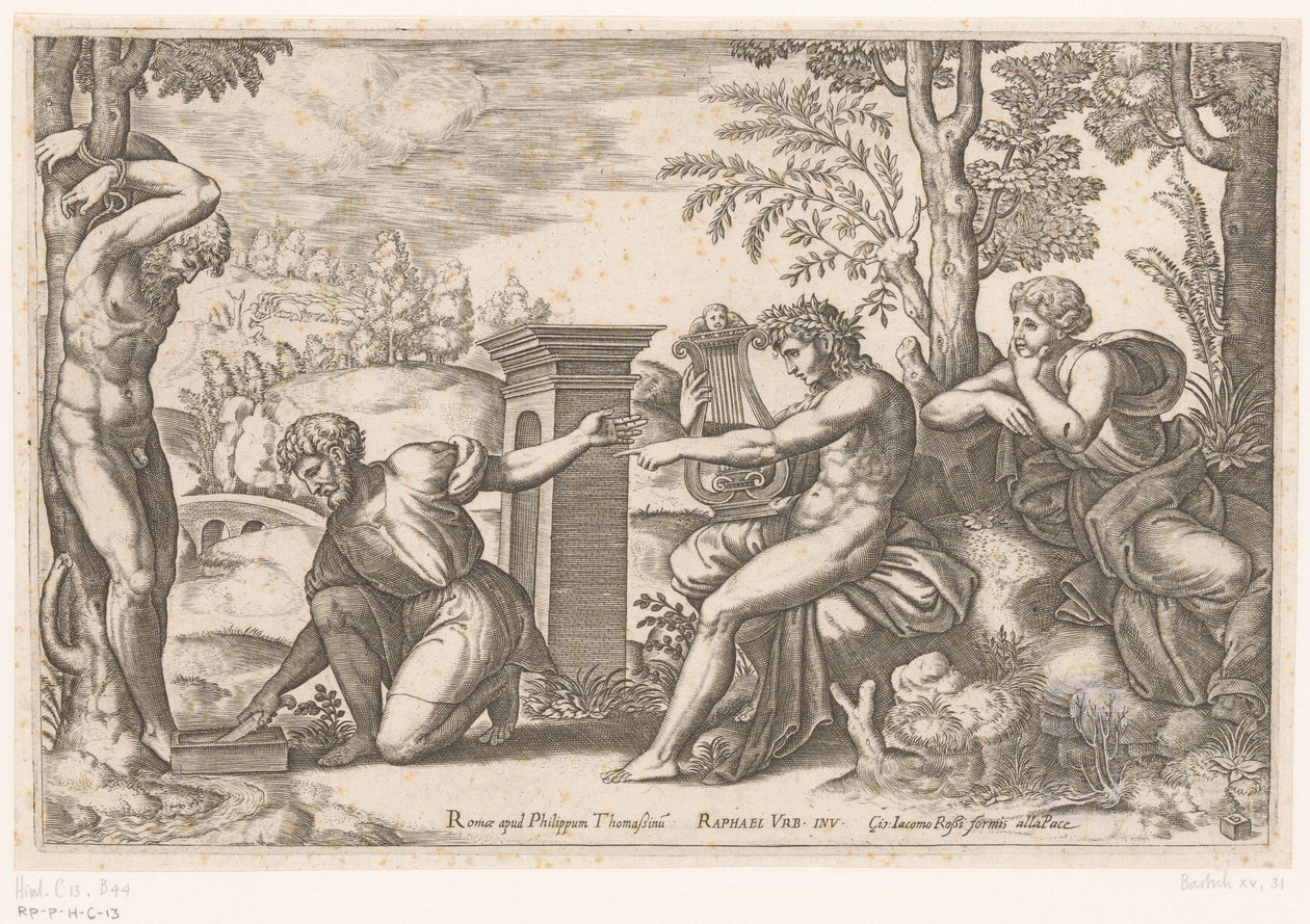 Apollo w Marsjasie autorstwa Meester van de Dobbelsteen