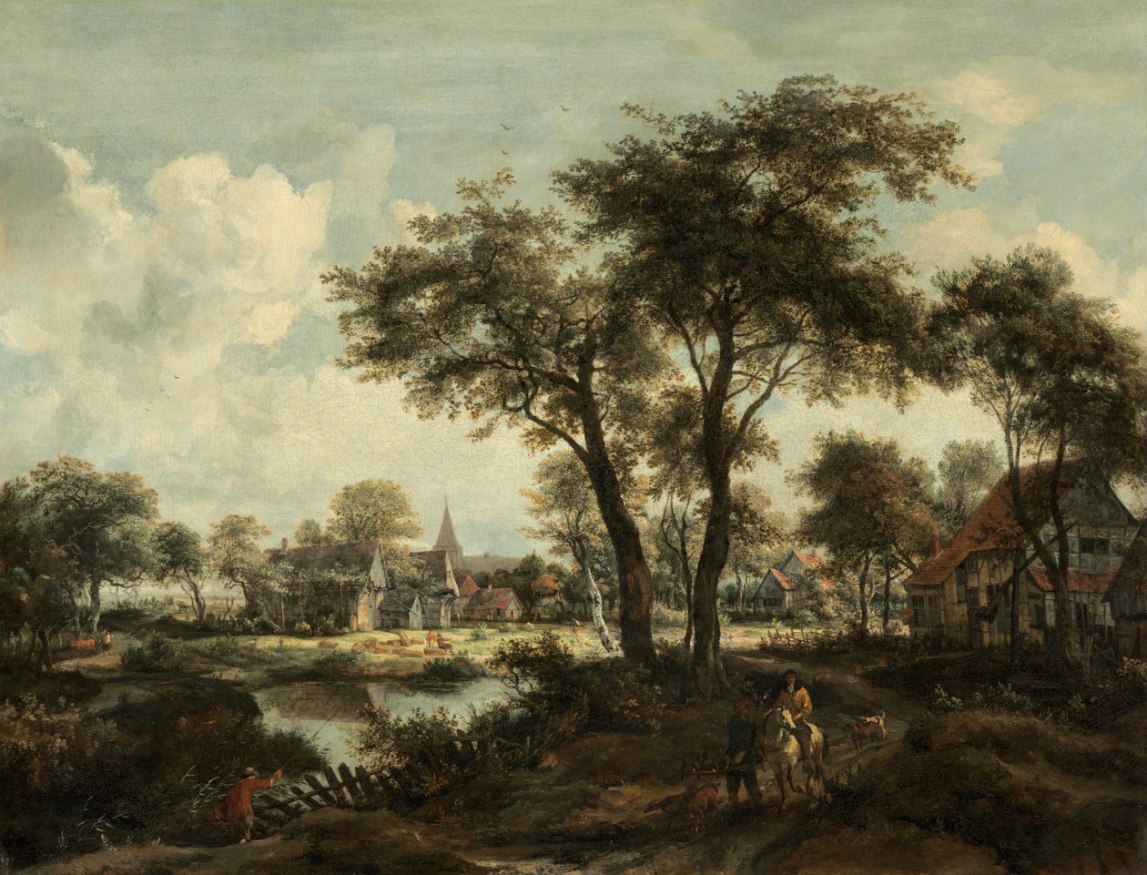 Wioska w pobliżu basenu, ok. godz. 1670. autorstwa Meindert Hobbema