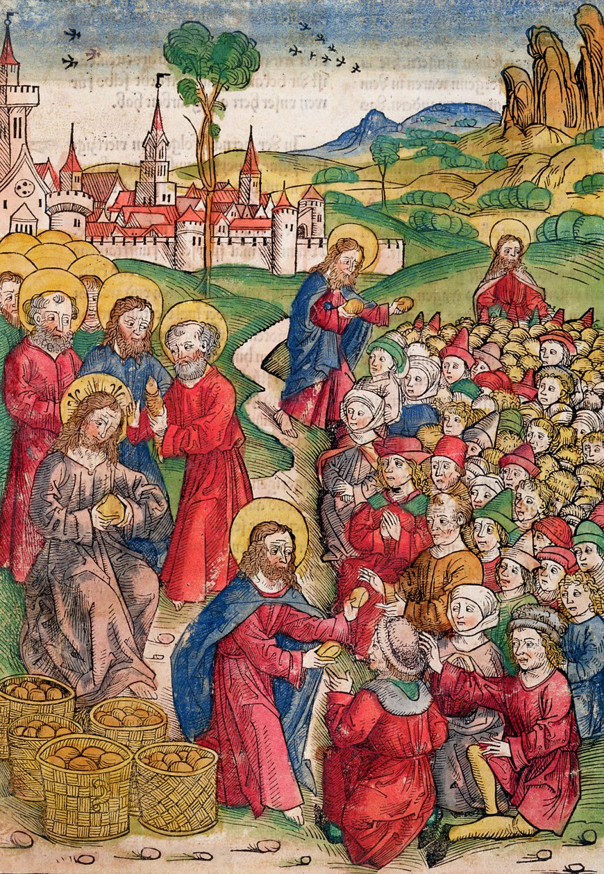 Rozmnożenie chleba i ryb, 1491 (drzeworyt kolorowy) autorstwa Michael Wolgemut