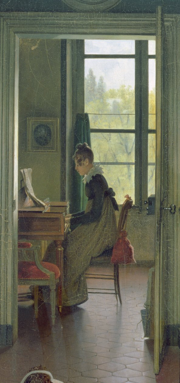 Wnętrze Jadalni, fragment kobiety grającej na pianinie w sąsiednim pokoju, 1816 (detal 106942) autorstwa Michel Martin Drolling